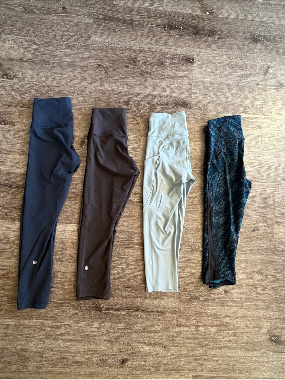lululemon athletica Legging Lot in Navy, Black, Light Gray, and Teal Pattern